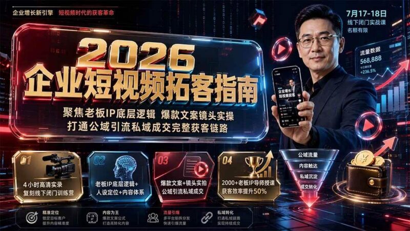 2026企业短视频拓客指南:聚焦老板IP底层逻辑,爆款文案镜头实操,打通公域引流私域成交完整获客链路-三零资源