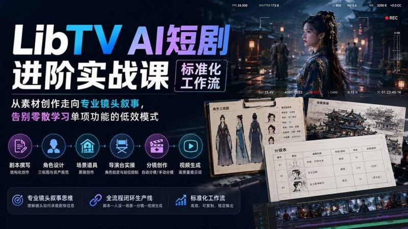LibTV AI短剧进阶实操课标准化工作流;从素材创作走向专业镜头叙事,告别零散学习单项功能的低效模式-三零资源
