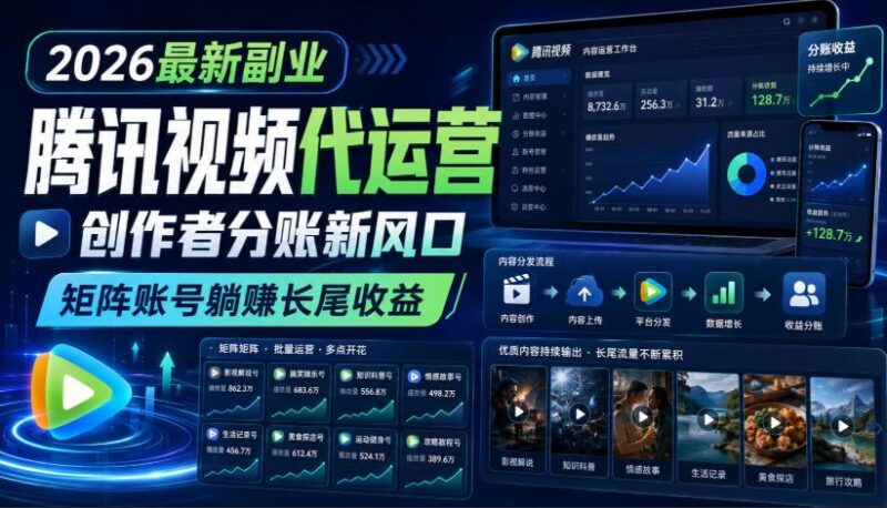 2026最新副业之腾讯视频代运营:创作者分账新风口,矩阵账号躺賺长尾收益【揭秘】-三零资源