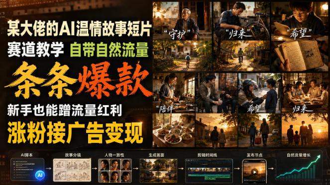 某大佬的AI温情故事短片赛道教学,自带自然流量,条条爆款,新手也能蹭流量红利,涨粉接广告变现-三零资源