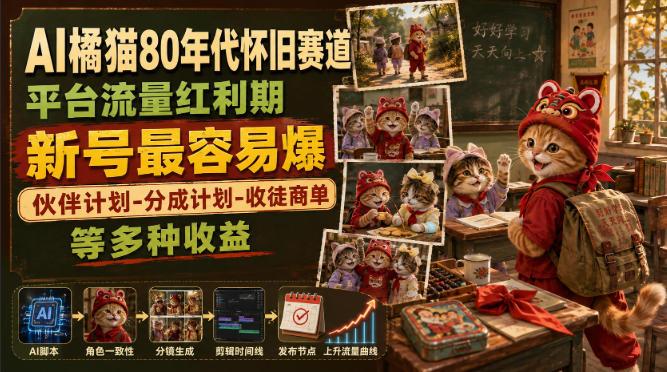 AI橘猫80年代怀旧赛道,平台流量红利期,新号最容易爆,伙伴计划-分成计划-收徒商单等多种收益-三零资源