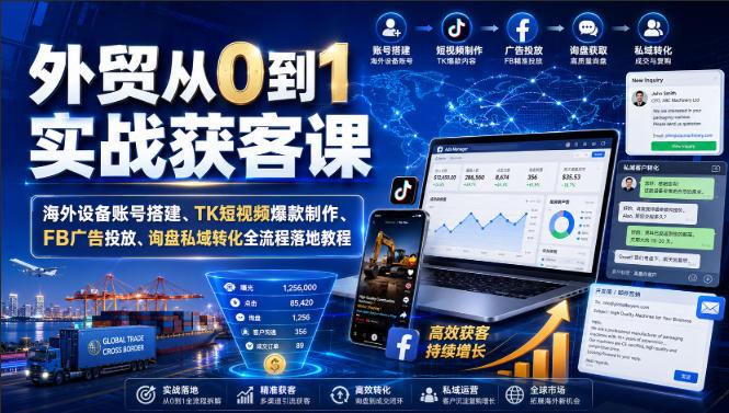 外贸从0到1实战获客课|海外设备账号搭建、TK短视频爆款制作、FB广告投放、询盘私域转化全流程落地教程-三零资源