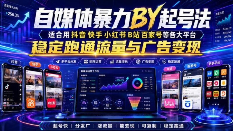 自媒体暴力搬运起号法，适合用抖音快手小红书B站百家号等各大平台，稳定跑通流量与广告变现-三零资源