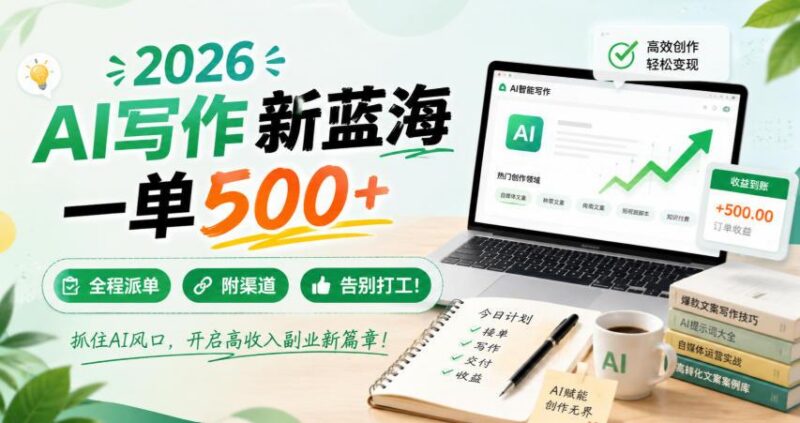 2026 AI写作新蓝海,一单500+,全程派单,附渠道,告别打工!【揭秘】-三零资源