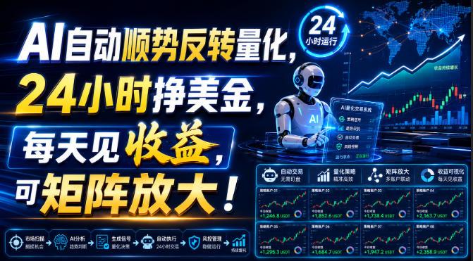 AI自动顺势反转量化,24小时挣美金,每天见收益,可矩阵放大!【揭秘】-三零资源