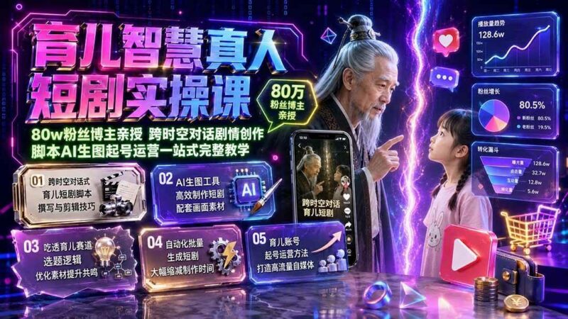 育儿智慧真人短剧实操课|80w粉丝博主亲授,跨时空对话剧情创作,脚本AI生图起号运营一站式完整教学-三零资源