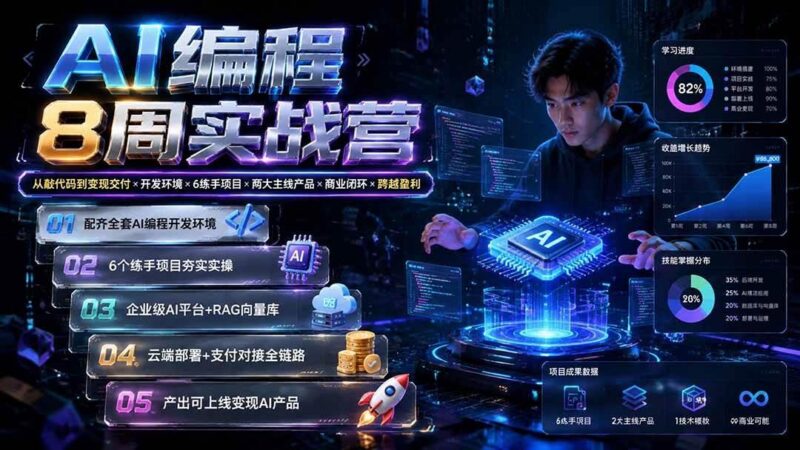 AI编程8周实战营:从敲代码到变现交付×开发环境×6练手项目×两大主线产品×商业闭环×跨越盈利-三零资源