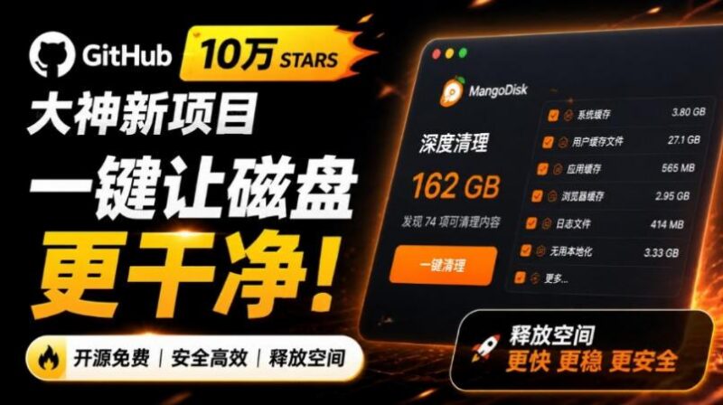 在Gtihub上做出10万stars的大神,又发布新项目了!一键让磁盘更干净,开源免费清理工具MangoDisk-三零资源