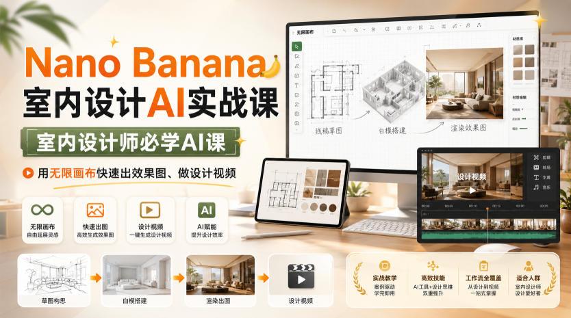 Nano Banana室内设计AI实战课,室内设计师必学AI课,用无限画布快速出效果图、做设计视频