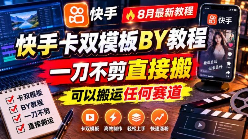 快手卡双模板搬运教程,8月最新教程,一刀不剪直接搬,可以搬运任何赛道-三零资源