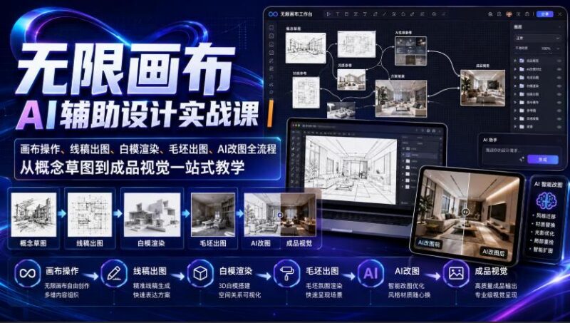 无限画布AI辅助设计实战课|画布操作、线稿出图、白模渲染、毛坯出图、AI改图全流程,从概念草图到成品视觉一站式教学-三零资源