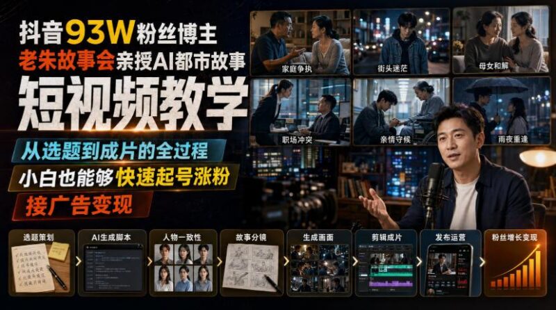 抖音93W粉丝博主老朱故事会亲授AI都市故事短视频教学，从选题到成片的全过程，小白也能够快速起号涨粉接广告变现 三零资源-三零资源