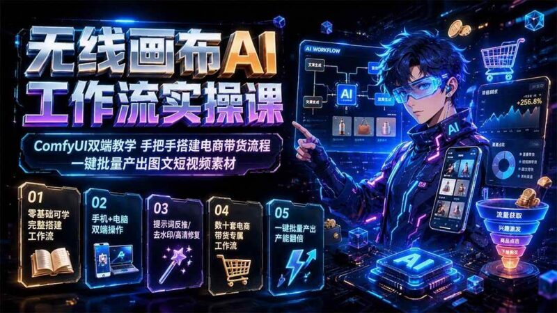 无线画布AI工作流实操课|ComfyUI双端教学,手把手搭建电商带货流程,一键批量产出图文短视频素材-三零资源
