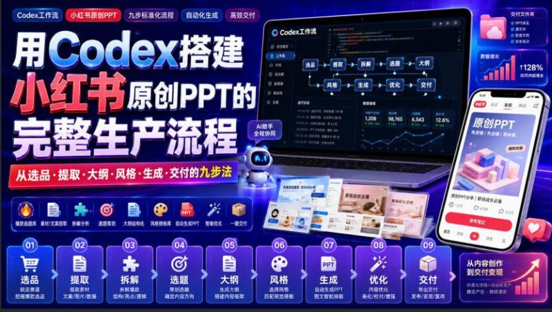 用Codex搭建小红书原创PPT的完整生产流程，从选品·提取·大纲·风格·生成·交付的九步法-三零资源