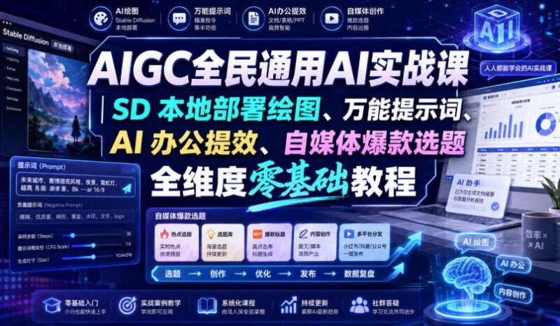 AIGC全民通用AI实战课｜SD本地部署绘图、万能提示词、AI办公提效、自媒体爆款选题全维度零基础教程-三零资源