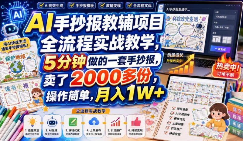 AI手抄报教辅项目全流程实战教学,5分钟做的一套手抄报,卖了2000多份,操作简单,月入1W+ 三零资源-三零资源