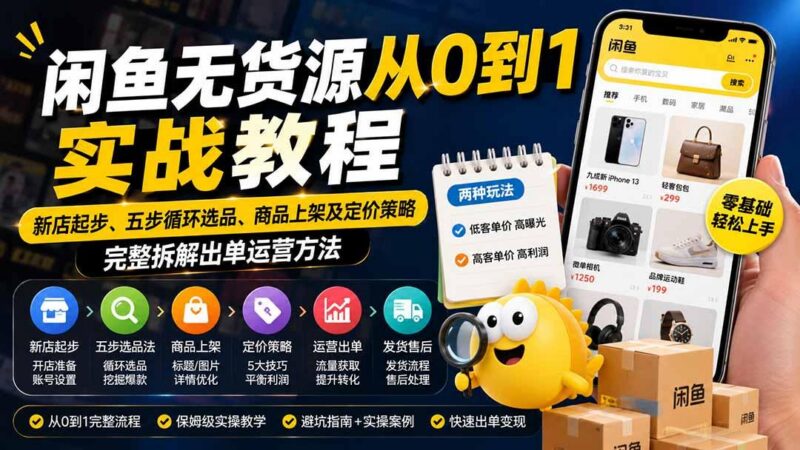 闲鱼无货源从0到1实战教程——新店起步、五步循环选品、商品上架及定价策略,完整拆解出单运营方法-三零资源