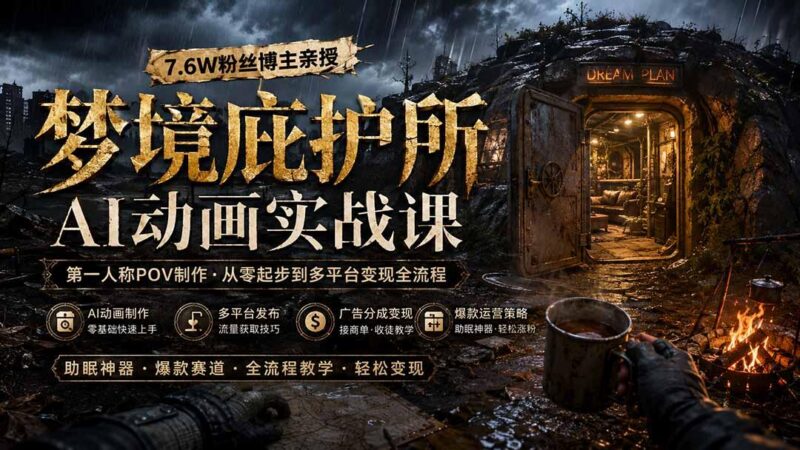 梦境庇护所AI动画实战课：7.6W粉丝博主亲授第一人称POV制作，从零起步到多平台发布变现全流程-三零资源