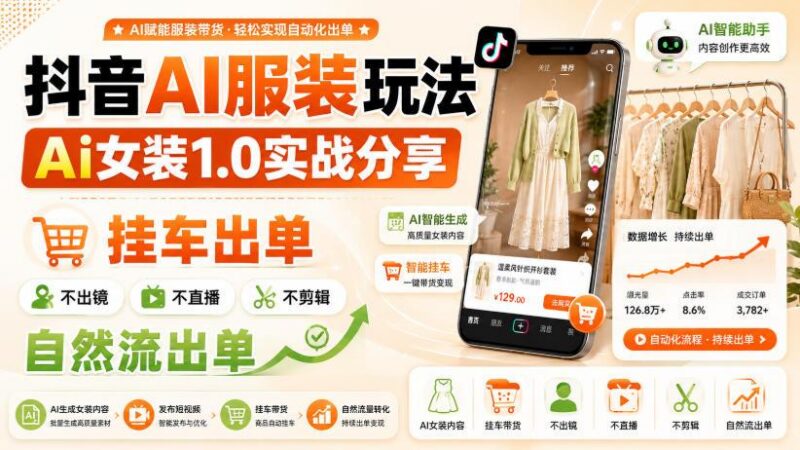 抖音AI服装玩法,Ai女装1.0实战分享,挂车出单,不出镜,不直播,不剪辑,自然流出单-三零资源