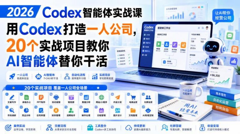 2026 Codex智能体实战课,用Codex打造一人公司,20个实战项目教你AI智能体替你干活-三零资源