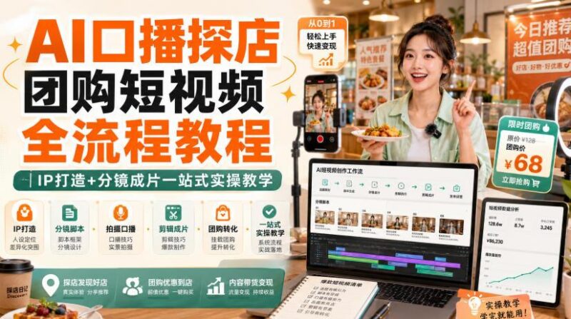 AI口播探店团购短视频全流程教程|IP打造+分镜成片一站式实操教学 三零资源-三零资源