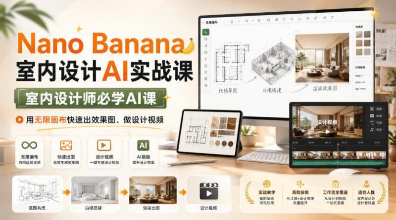 Nano Banana室内设计AI实战课,室内设计师必学AI课,用无限画布快速出效果图、做设计视频 三零资源-三零资源