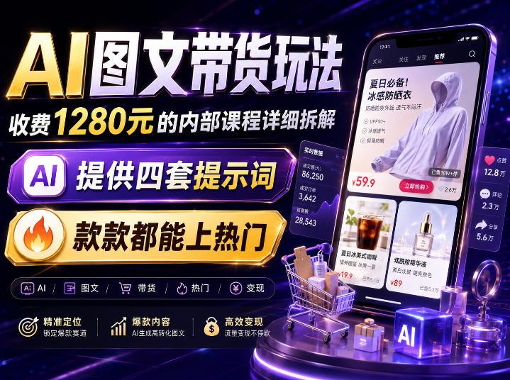 AI图文带货内部玩法,1280内部课程对外系统拆解,看完直接上手变现!-三零资源