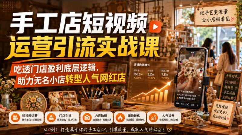 手工店短视频运营引流实战课，吃透门店盈利底层逻辑，助力无名小店转型人气网红店-三零资源