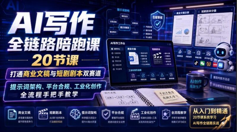 AI写作全链路陪跑课|20节课打通商业文稿与短剧剧本双赛道,提示词架构、平台合规、工业化创作全流程手把手教学-三零资源