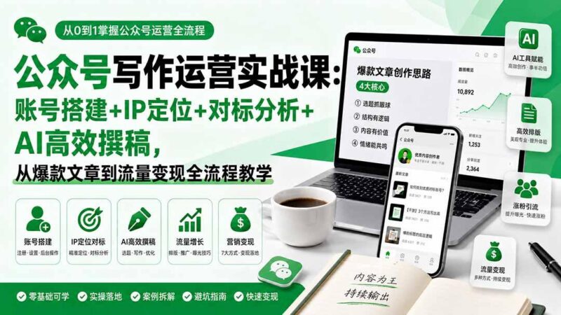 公众号写作运营实战课:账号搭建+IP定位+对标分析+AI高效撰稿,从爆款文章到流量变现全流程教学 三零资源-三零资源