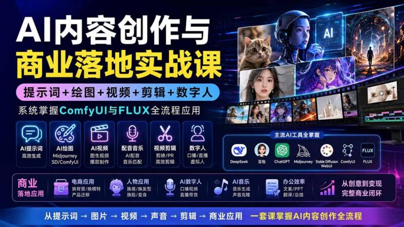 AI内容创作与商业落地实战课:提示词+绘图+视频+剪辑+数字人,系统掌握ComfyUI与FLUX全流程应用-三零资源