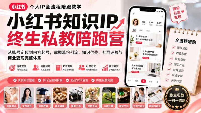 小红书知识IP终生私教陪跑营:从账号定位到内容起号,掌握涨粉引流、知识付费、社群运营与商业变现完整体系-三零资源