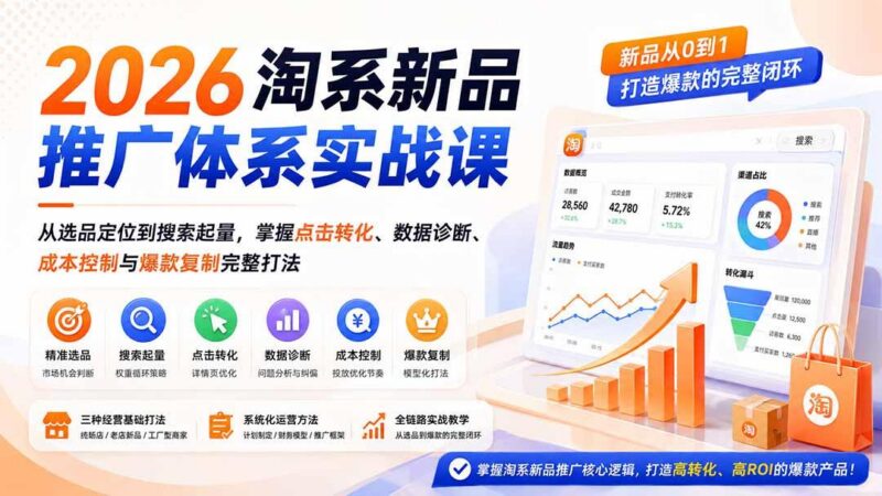2026淘系新品推广体系实战课:从选品定位到搜索起量,掌握点击转化、数据诊断、成本控制与爆款复制完整打法-三零资源