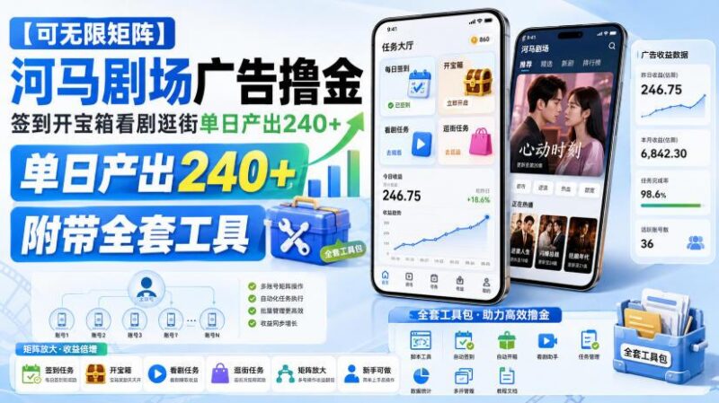 【可无限矩阵】河马剧场广告撸金,签到开宝箱看剧逛街单日产出240+,附带全套工具【揭秘】 三零资源-三零资源