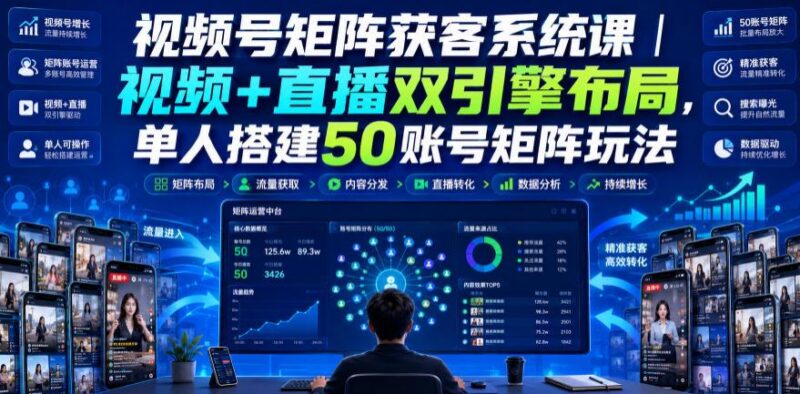 视频号矩阵获客系统课|视频+直播双引擎布局,单人搭建50账号矩阵玩法,流量入池、搜索占位、全域引流沉淀私域全流程教学-三零资源
