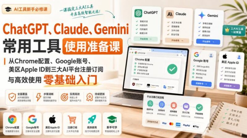ChatGPT、Claude、Gemini常用工具使用准备课|从Chrome配置、Google账号、美区Apple ID到三大AI平台注册订阅与高效使用零基础入门-三零资源