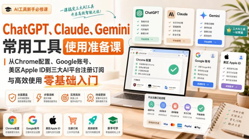 ChatGPT、Claude、Gemini常用工具使用准备课|从Chrome配置、Google账号、美区Apple ID到三大AI平台注册订阅与高效使用零基础入门