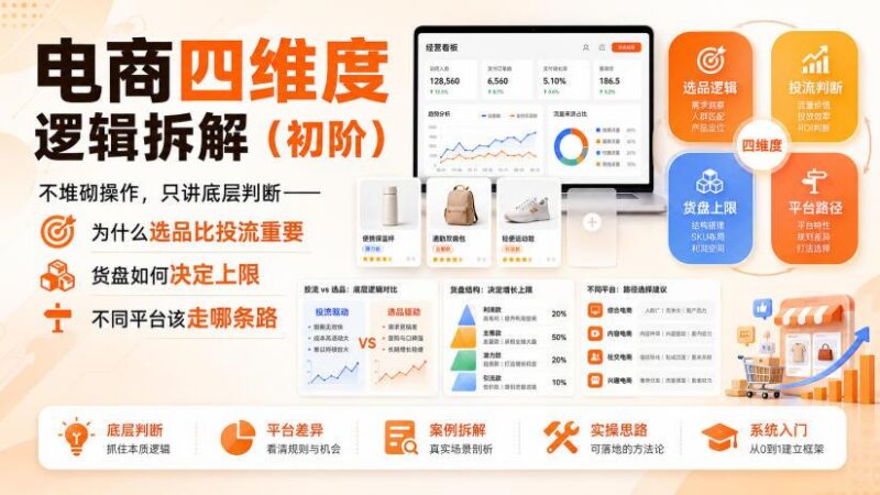 电商四维度逻辑拆解(初阶)不堆砌操作,只讲底层判断——为什么选品比投流重要、货盘如何决定上限、不同平台该走哪条路-三零资源