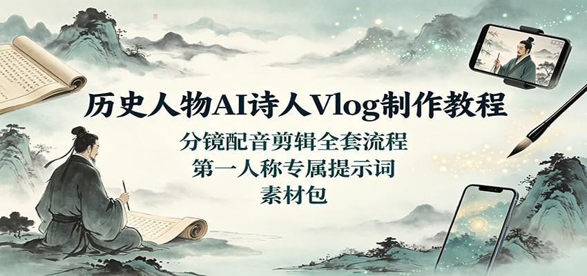 历史人物AI诗人Vlog制作教程:分镜配音剪辑全套流程,第一人称专属提示词素材包