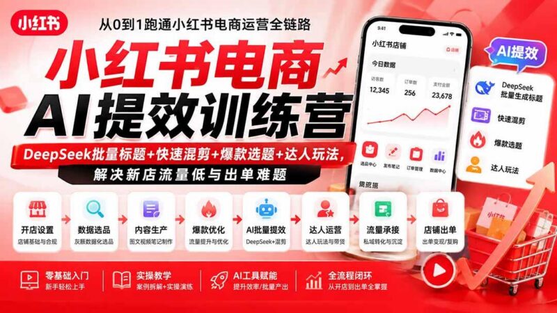 小红书电商AI提效训练营—DeepSeek批量标题+快速混剪+爆款选题+达人玩法,解决新店流量低与出单难题 三零资源-三零资源