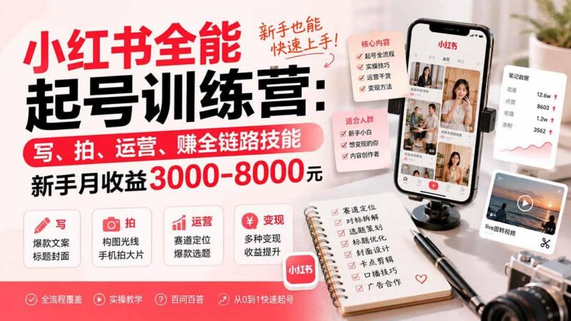 小红书全能起号训练营-更新：写、拍、运营、赚全链路技能，新手月收益3000-8000元 三零资源-三零资源