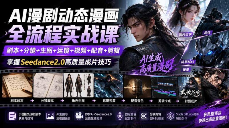 AI漫剧动态漫画全流程实战课:剧本+分镜+生图+运镜+视频+配音+剪辑,掌握Seedance2.0高质量成片技巧 三零资源-三零资源