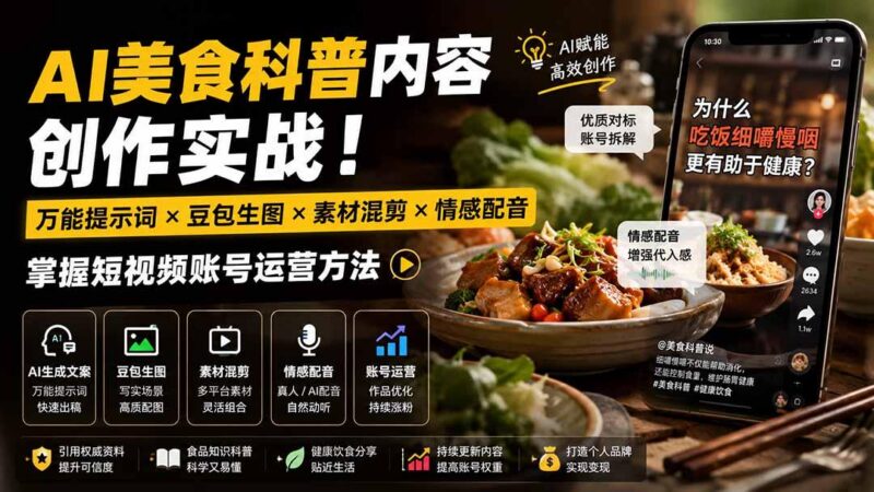 外面卖199元-AI美食科普内容创作实战!万能提示词×豆包生图×素材混剪×情感配音,掌握短视频账号运营方法-三零资源