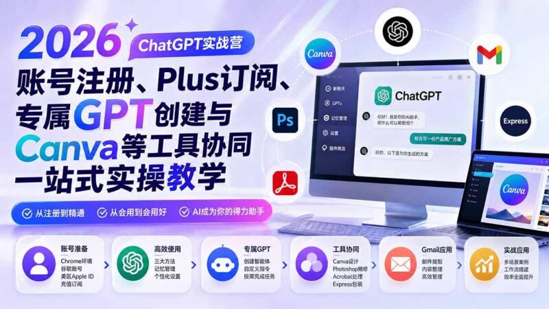 2026 ChatGPT实战营；账号注册、Plus订阅、专属GPT创建与Canva等工具协同一站式实操教学-三零资源