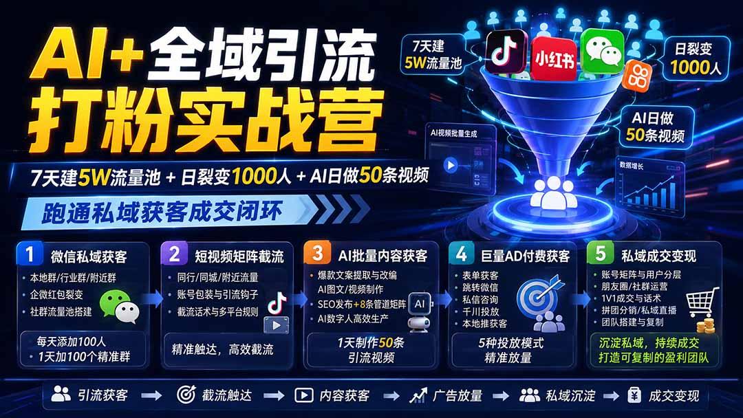 AI+全域引流打粉实战营:7天建5W流量池+日裂变1000人+AI日做50条视频,跑通私域获客成交闭环