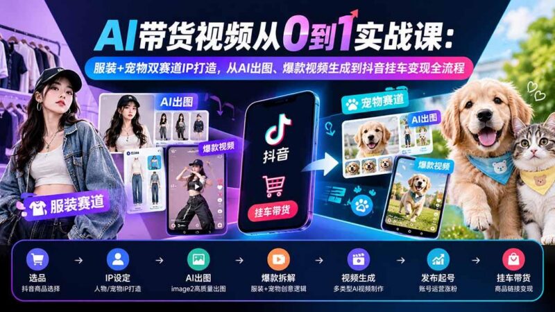 AI带货视频从0到1实战课：服装+宠物双赛道IP打造，从AI出图、爆款视频生成到抖音挂车变现全流程 三零资源-三零资源