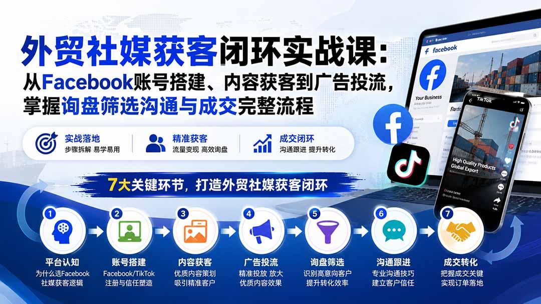 外贸社媒获客闭环实战课:从Facebook账号搭建、内容获客到广告投流,掌握询盘筛选沟通与成交完整流程 图1