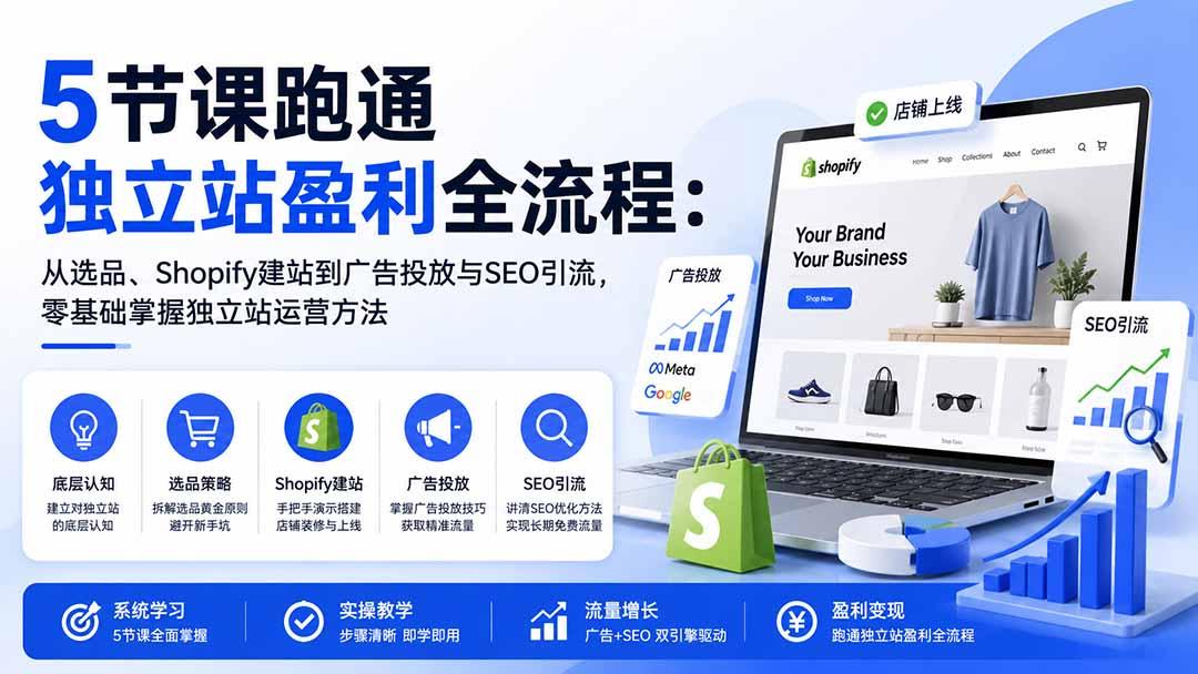 5节课跑通独立站盈利全流程：从选品、Shopify建站到广告投放与SEO引流，零基础掌握独立站运营方法 图1