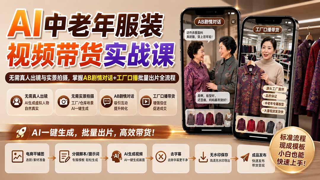 AI中老年服装视频带货实战课:无需真人出镜与实景拍摄,掌握AB剧情对话+工厂口播批量出片全流程 图1