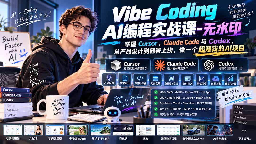 Vibe Coding AI编程实战课-无水印:掌握Cursor、Claude Code与Codex,从产品设计到部署上线,做一个超赚钱的AI项目 图1